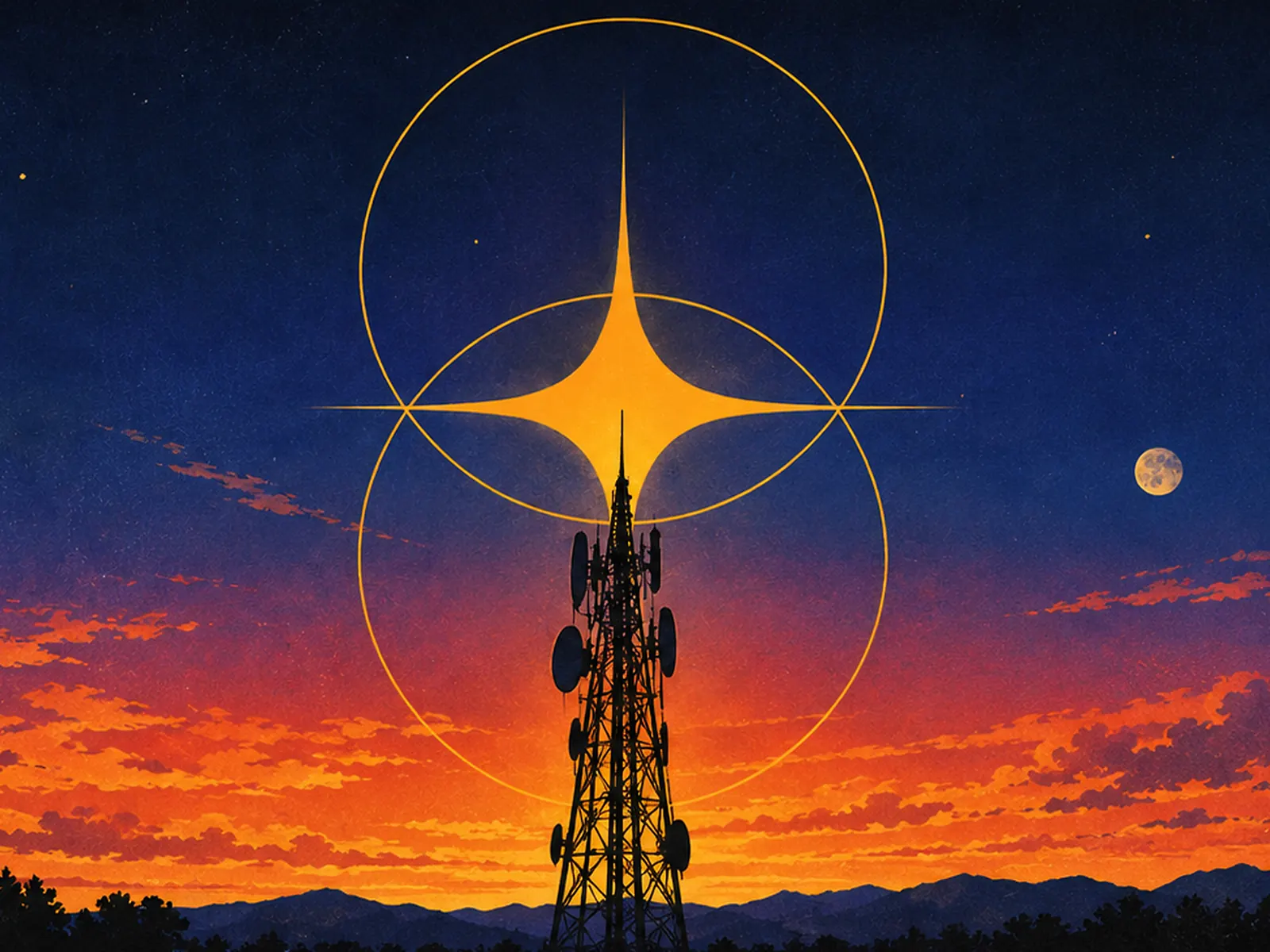 Illustration: a broadcast tower at dusk beneath a four-point star and two interlocking rings, over a sunset horizon.